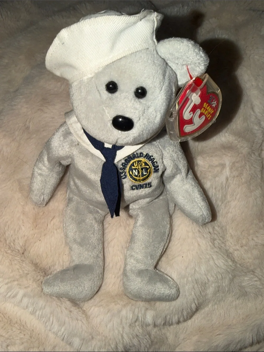 Ty Sailor Bear Beanie Baby Plush – White with Navy Accents
